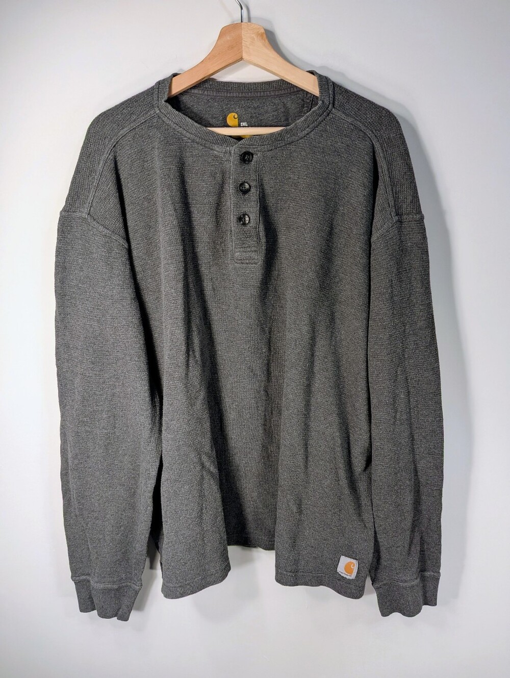 Carhartt Waffle Knit Thermal Henley, Gray, 3-Button, Size 2XL